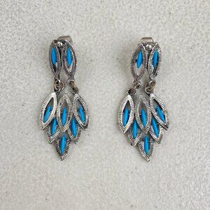 Vintage Silver Blue Metal Earrings Dangle Silver Turquoise Color Clip On 1990s